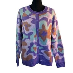 NWOT LOGO Lori Goldstein Mod Intarsia Cardigan Sweater Raglan Slv Purple Pink L